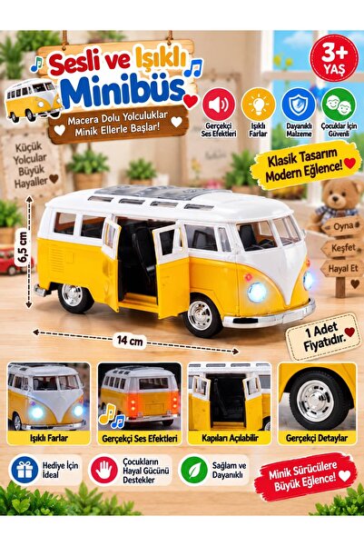 BYCEGU 14 cm Sesli ve Işıklı Oyuncak Klasik Minibüs – Açılabilir Kapılı Sarı Kırmız Yeşil Modellerde