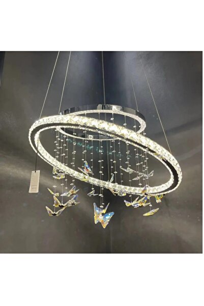 SELEXMO Lustra LED suspendata cu telecomanda si cristal 50W, 2 Cercuri, lumin...