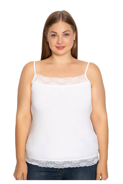 Siyah İnci Φανελάκι γυναικείο Plus Size με λεπτή τιράντα δαντέλα - Λευκό
