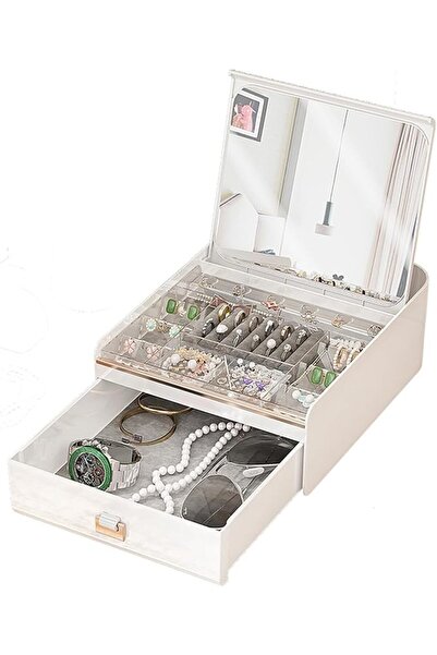 Generic Jewellery Organiser Box with Mirror Drawer,White,Multi-Compartment