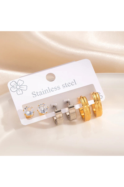 GlaMLo Accessories Set of 3 pairs of stainless steel earrings, gold and silve...