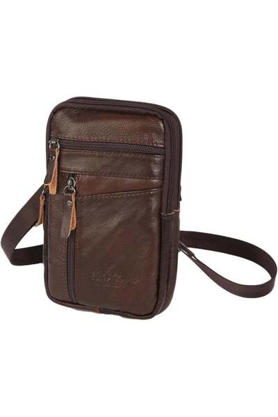 mucize Brown Leather Men's Small Size Bag with Hand and Shoulder Strap