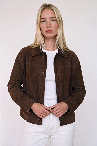Sue Store Brown Shirt Collar Buttoned Lined Suede Jacket
