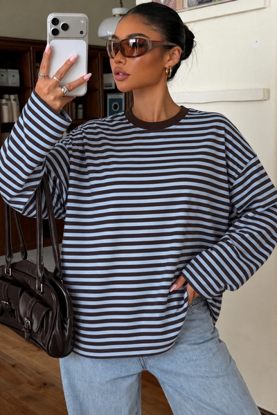 Bipantolon Kadın Bebe Mavi Kahverengi Çizgili Bisiklet Yaka Oversize Sweatshirt