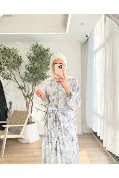 Mava Lady Kadın Desenli Kuşak Bağlama Detaylı Düğmeli Elbise Gri