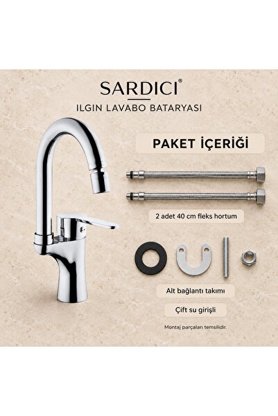 Sardıcı Ilgın Oynar Başlıklı Lavabo Bataryası Krom Pirinç Gövde Çift Su Girişli