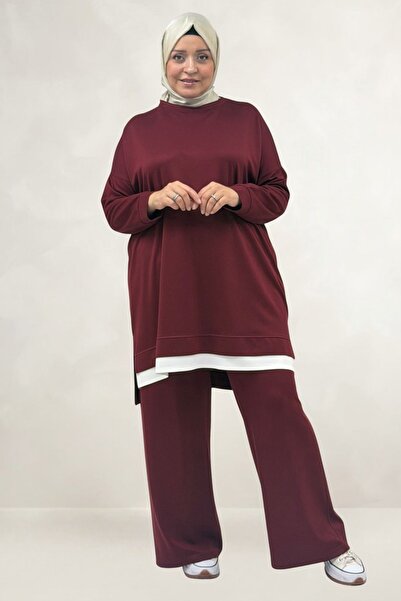 Eslina 67070 Garni Set pantaloni modal cu detalii, mărime mare - Roșu Claret