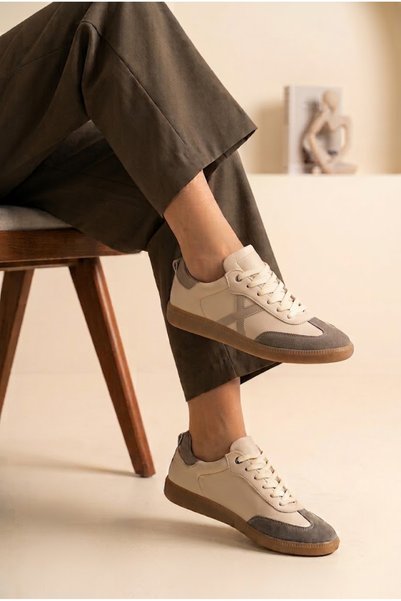 MERVESTORE Women's Suede Detailed Flat Sole Sneaker Lace-Up Comfortable Walki...