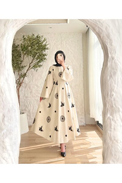 Mava Lady Kadın Natural Core Keten Nakış Desenli Şık Belden Bağlamalı Elbise