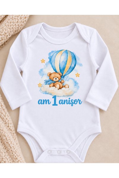 Zumi Kids Salopetă personalizată „Am 1 an” cu ursuleț și balon, pentru 12-18 luni