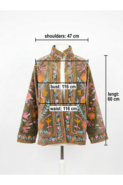 Generic Brand Jacheta dama, catifea din bumbac, broderie manuala, verde masliniu, marime One Size