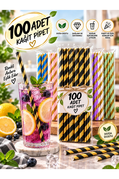 HB LİFE 100 قطعة من شفاطات الشرب الورقية المخططة باللون الذهبي المعدني - شفاط...