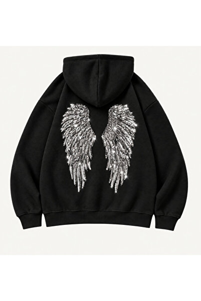 Gofeel Kanat Taş Detaylı Parıltılı Oversize Hoodie