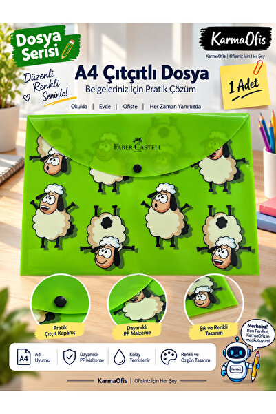 Faber Castell A4 Çıtçıtlı Dosya 4 Farklı Desen Seçeneği | Sevimli Koyunlar | Renkli Desenli PP Evrak ve Belge Dosyası