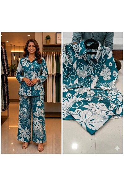 MYSMAR Teal Patchwork Print Cotton Co-Ord Set - RMD9304 | Teal-Size:L-40-Inches