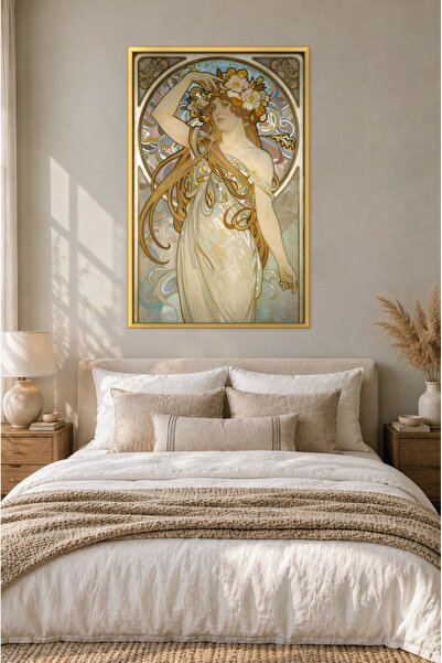 ZURİ DESİGN Mucha Tarzı Çiçek Taçlı Art Nouveau Kadın Tablo Çerçeve Görünümlü MDF Duvar Tablosu
