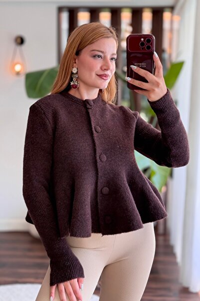 Raneel Kazançlı Alışveriş Women's Flounce Soft Knitwear Cardigan Bitter Brown