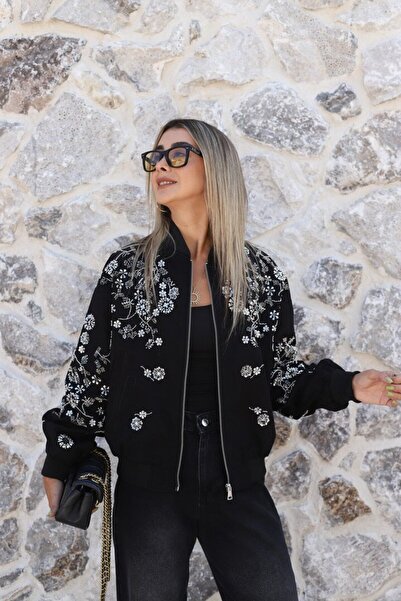 bytugcekaya Μπουφάν Bomber Premium με Κεντήματα από Μαύρη Πέτρα