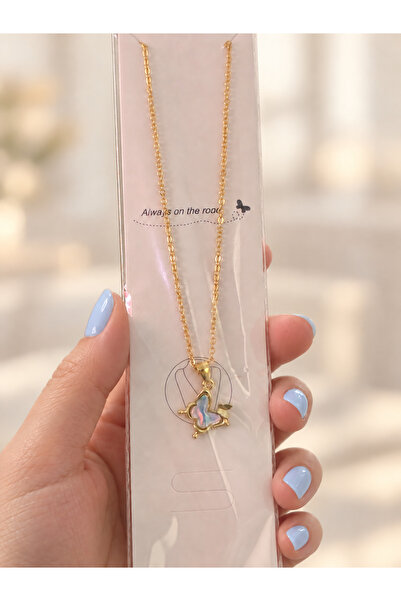 Pinterest Tarzı Görünümlü Kelebek Figürlü Gold Kadın Çelik Kolye