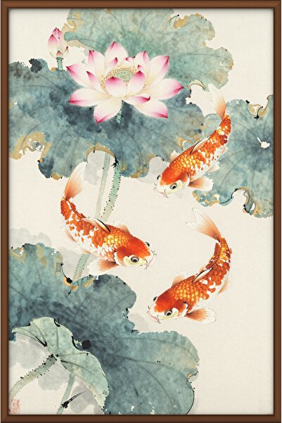 ZURİ DESİGN Çin Tarzı Lotus ve Koi Balıkları Tablo Çerçeve Görünümlü MDF Duvar Tablosu Japon Ukiyo-e Doğu Sanatı