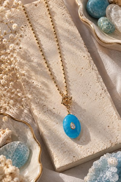 Gold Renk Turkuaz Oval Taş ve Damla Zirkon Detaylı Toggle Kolye
