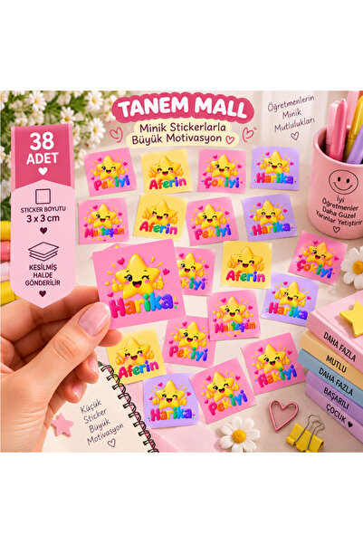 Tanem Mall Öğretmen Sticker Etiket Seti 38 Adet 3x3 cm – Aferin Harika Pekiyi...
