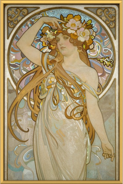 ZURİ DESİGN Mucha Tarzı Çiçek Taçlı Art Nouveau Kadın Tablo Çerçeve Görünümlü MDF Duvar Tablosu