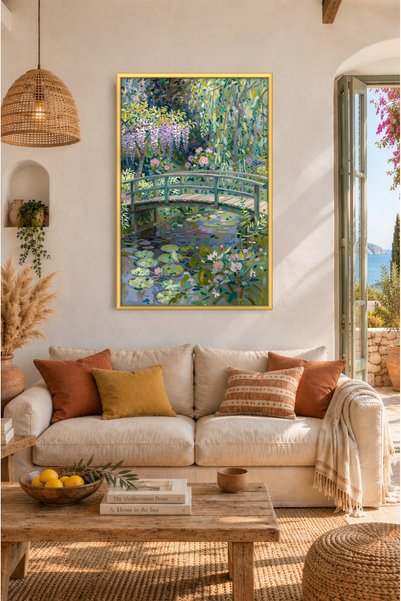 ZURİ DESİGN Monet Style Japanese Bridge and Garden Painting Frameable Mdf Wal...