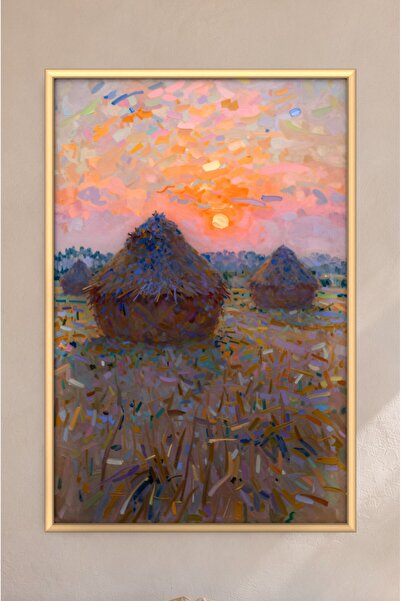 ZURİ DESİGN Monet Tarzı Gün Batımında Saman Yığınları Tablo Çerçeve Görünümlü MDF Duvar Tablosu