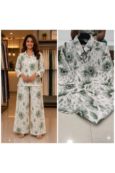 MYSMAR Green Patchwork Print Cotton Co-Ord Set - RMD9304 | Green-Size:L-40-In...