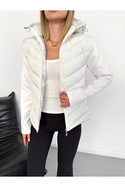 SERBA Women's White Color Hooded Quilted Lined Zippered Seasonal Coat