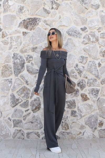 bytugcekaya Gray Boat Neck Tie-Detail Blouse and Trousers Set