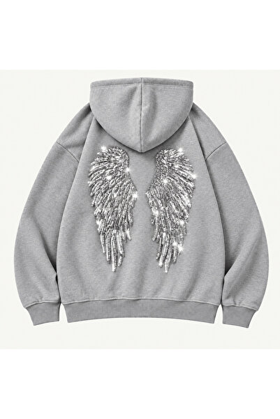 Gofeel Wing Stone Detailed Shimmering Oversize Hoodie