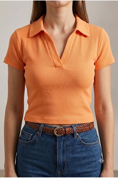 Raneel Kazançlı Alışveriş Polo Collar Basic Short Sleeve Knitted Camisole Cro...