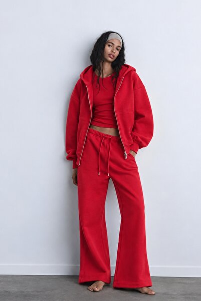 The Champ Clothing İçi Polar Oversize Kesim Kapüşonlu Fermuarlı Kırmızı Eşofm...