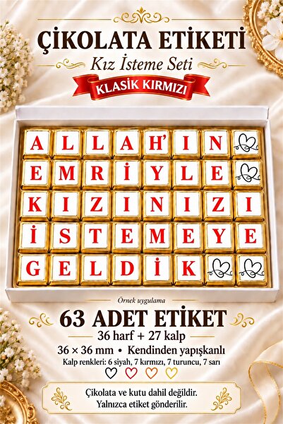 Kız İsteme Çikolata Etiketi 63 Adet 36x36 mm Kendinden Yapışkanlı Harf ve Kalp Seti
