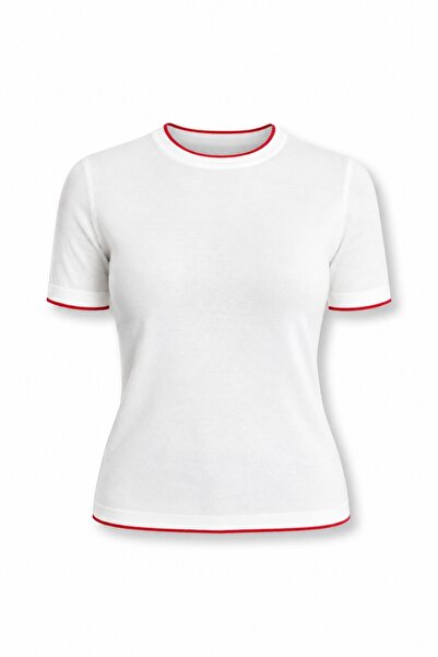 5in1Canpolat Ecru Piping Detailed Short Sleeve Knitwear 6504