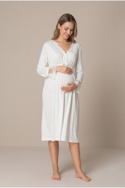 LOHOUSE Women's Ecru Lace Long Sleeve Maternity Nightgown Set for Easy Breast...