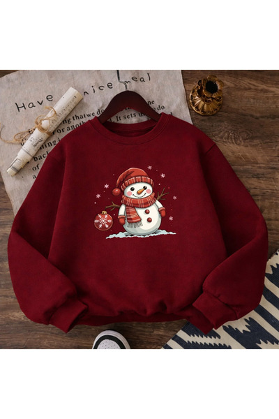 SANTAMİLA Burgundy Crew Neck Snowman Sweatshirt