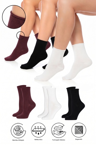 SAYSEZ Bamboo Women's Elasticless Black-White-Burgundy Seamless Premium Socks...
