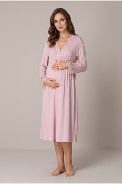 LOHOUSE Women's Powder Lace Long Sleeve Maternity Nightgown Set for Easy Brea...