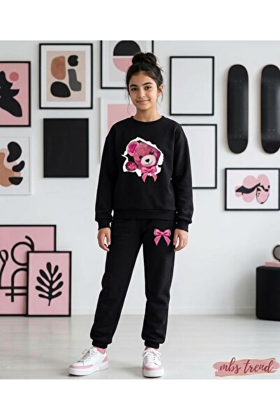 Kids Winter Girls' Black and Pink Teddy Bear and Ribbon Printed Cotton Tracks...