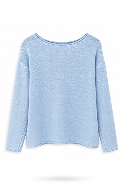 5in1Canpolat Blue Boat Neck Mercerized Knitwear