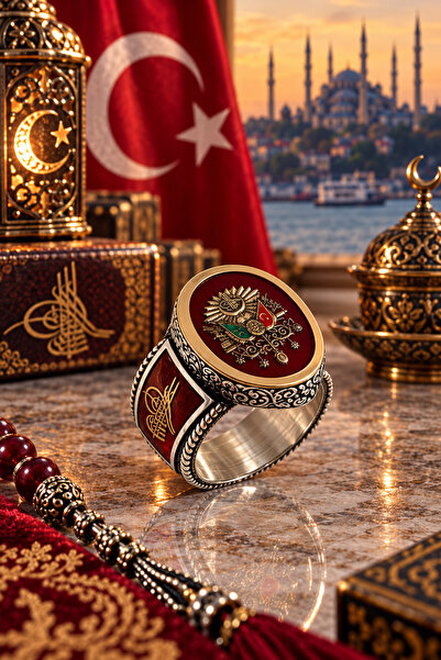 Siset Gümüş 925 Ayar Kırmızı Mine Üzerine Osmanlı Devlet Armalı Erkek Gümüş Y...