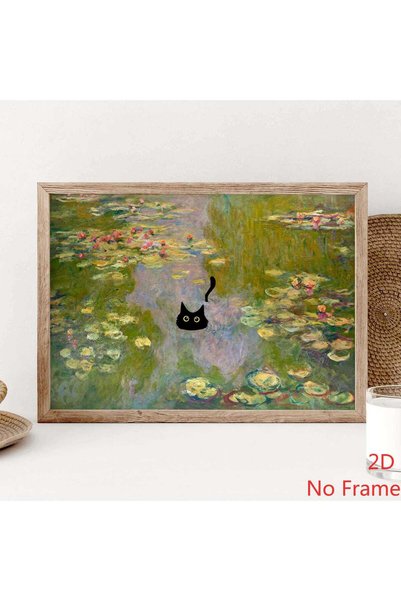 Generic Brand 1pc Black Cat in Monet Water Lilies Impressionist Canvas Wall A...