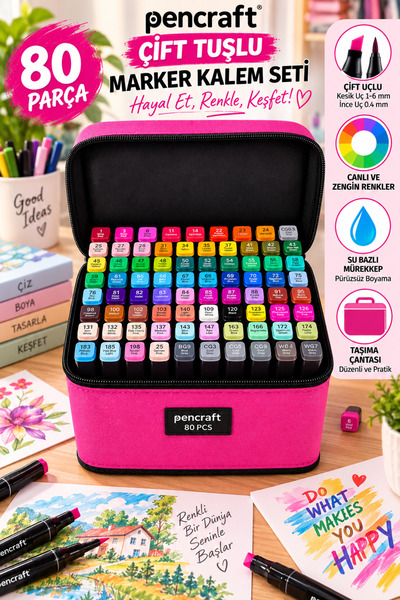 SYN AKSESUAR Pencraft 80’li Profesyonel Çift Uçlu Marker Kalem Seti – Pembe T...