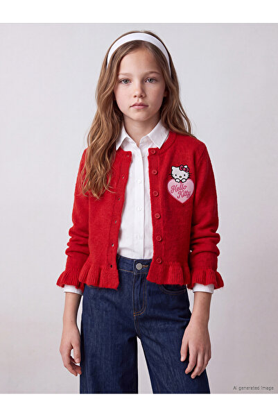 LC Waikiki Lcw Kids Red Knitwear Embroidered Girls' Cardigan with Nevavm Diff...