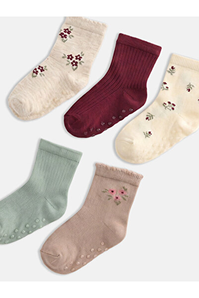 LC Waikiki Rmz Gi̇yi̇m Farkiyla Flower Embroidered Girls' Socks 5-Piece Set