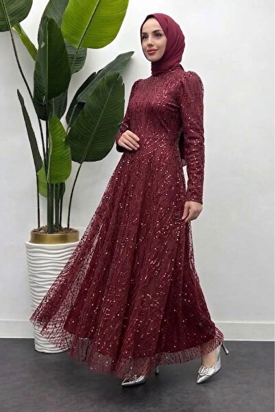 Tesettür Diyarı Angel Payet Pullu Kloş Abiye - Bordo