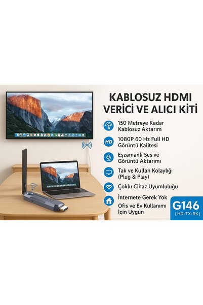 KHİ-ZAİ Kablosuz HDMI Verici ve Alıcı Kiti - Uydudan Projeksiyona | 150 Metre Menzil | 1080P 60Hz Notebook'd